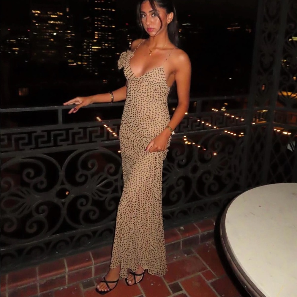 Zara Polka dot brown Maxi Dress evening party cocktail - Picture 3 of 14